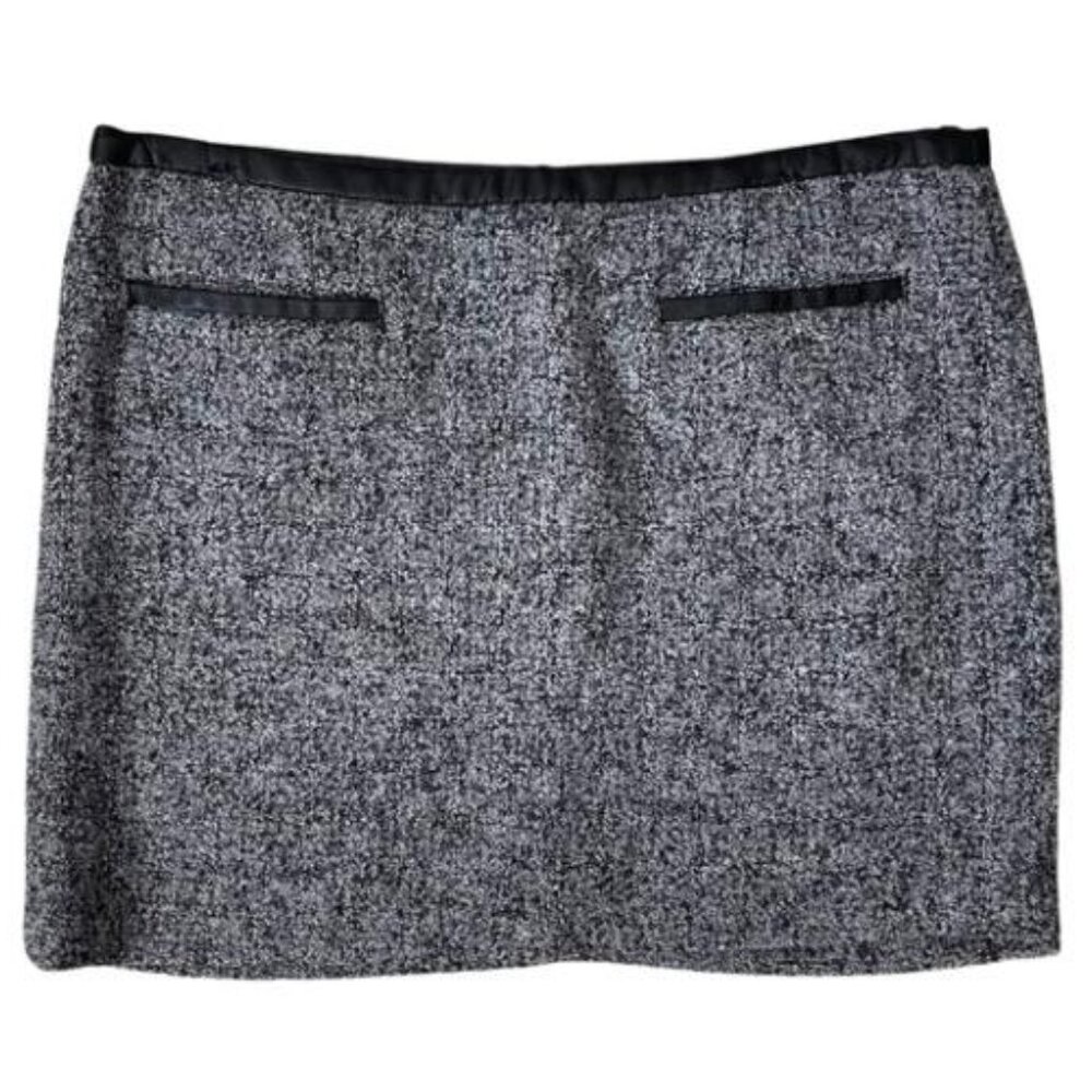 Black and White Tweed Mini Skirt with Leather Detail